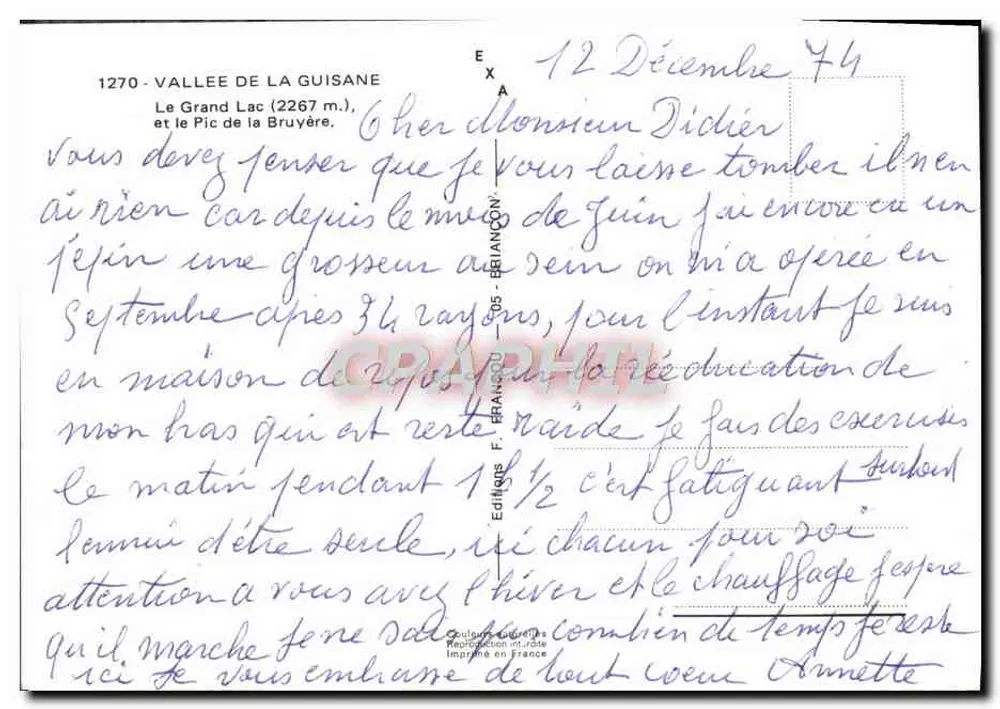 Tal der Guisane — Grand Lac (2267 m.) und der Gipfel der Bruyère — Edition F. Brancion - Rückseite