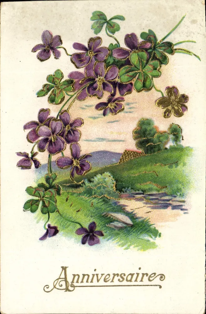 Flores de violeta e trevo — Aniversário — editor não visível - Frente
