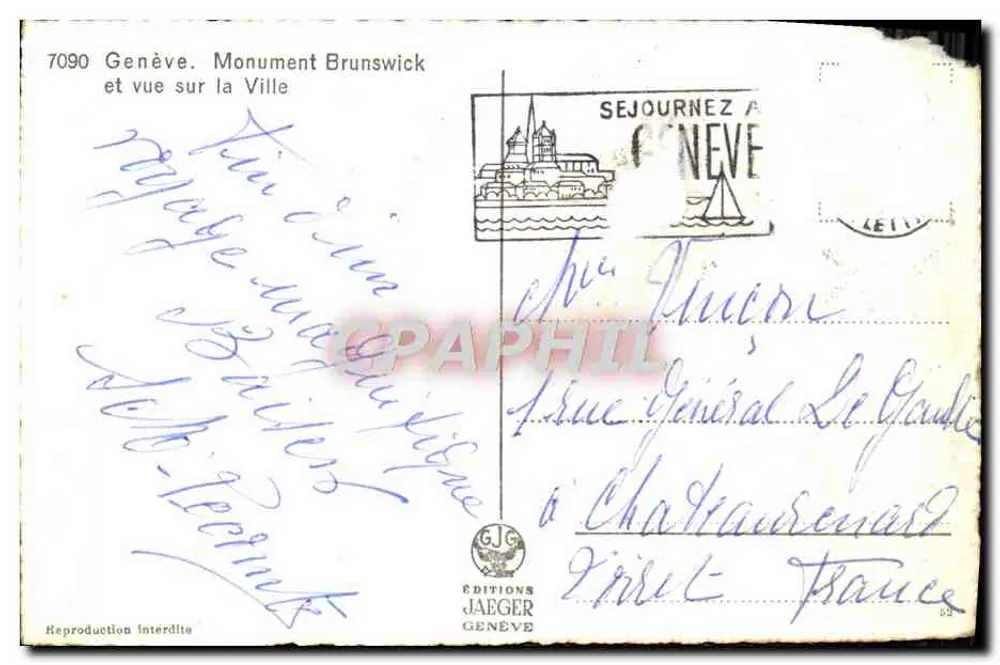 Genf. Denkmal Brunswick und Blick auf die Stadt — Éditions Jaeger, n° 7090 - Rückseite