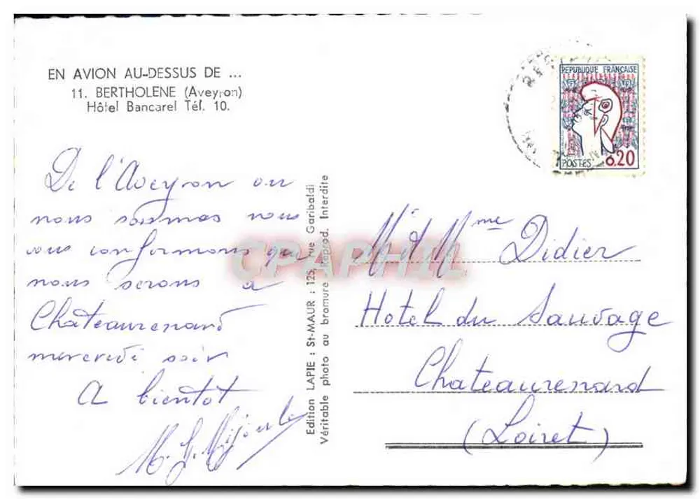 Vue aérienne de Bertholène — Hôtel Bancarel — édition LAPIE - Verso