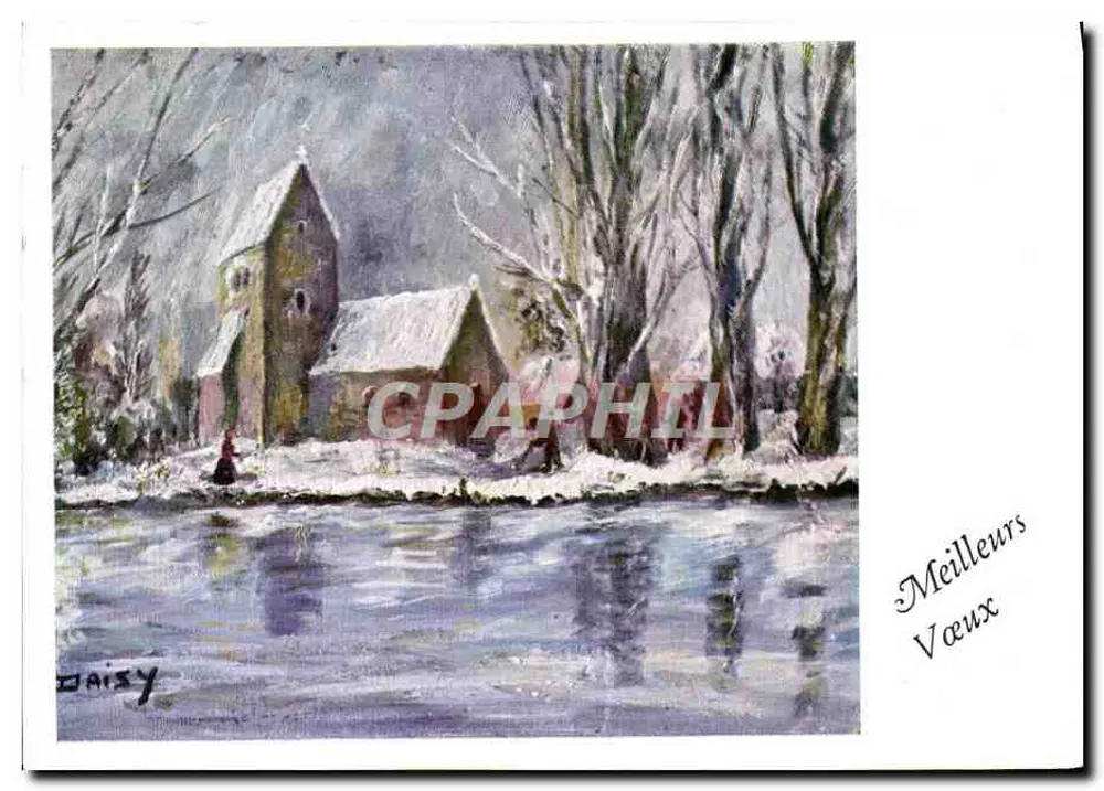 Vue d'église enneigée — scène hivernale au bord d'un cours d'eau — éditeur Daisy - Frente