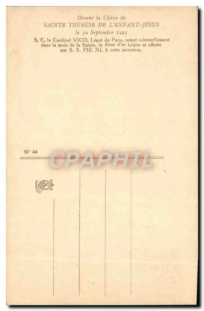 Santa Teresa del Niño Jesús — Dedicatoria de la Rosa de Oro bendecida por el Cardenal Vico — N° 44 - Reverso