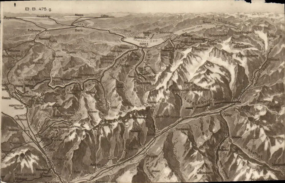 Carte postale topographique — Carte de la région du Léman et des Alpes suisses — éditeur B.B. 475.g. - Front