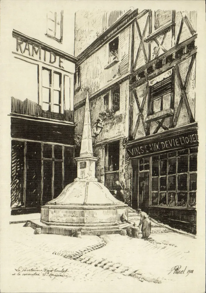 Die Fontäne Pied-Boulet und das Rathaus in Angers — Zeichnung von Abel Ruel (1901) - Vorderseite