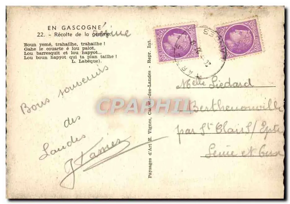 Colheita da goma — Gascogne — Paisagens de Arte E. Vignes, Int. - n°22 - Verso
