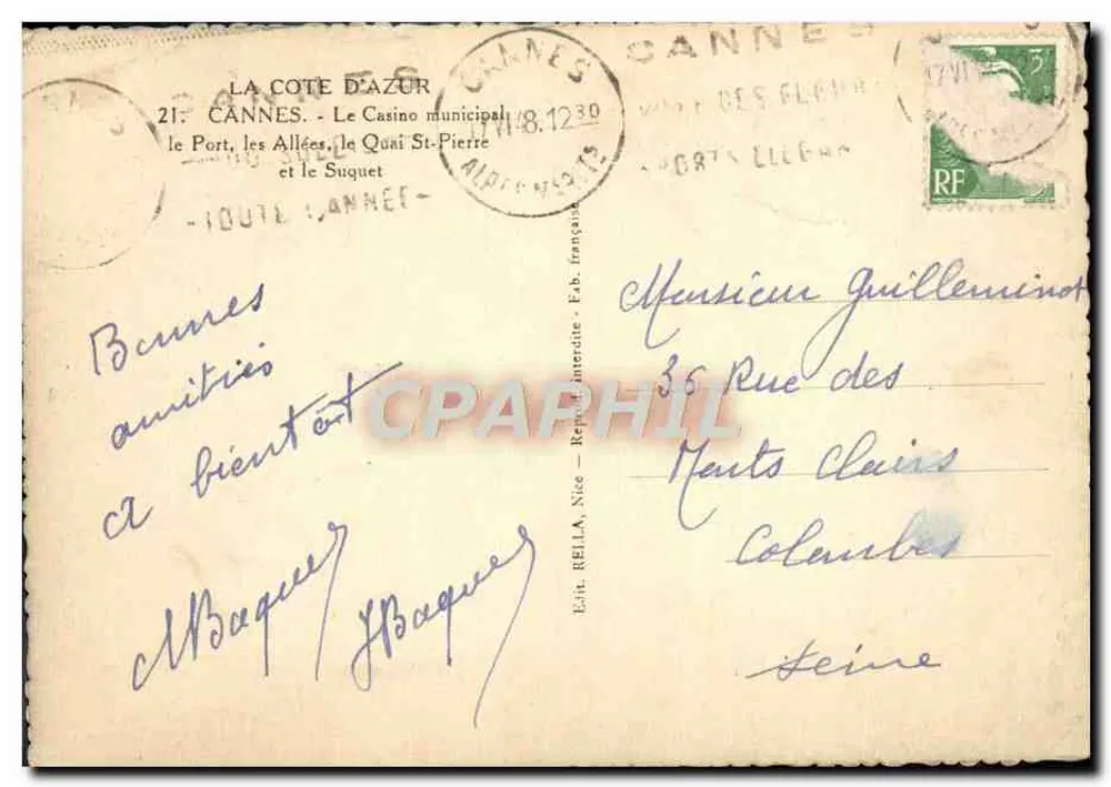 Cannes — O Porto, as Avenidas, o Quai St-Pierre e o Suquet — Ed. Rella, Nice - Verso
