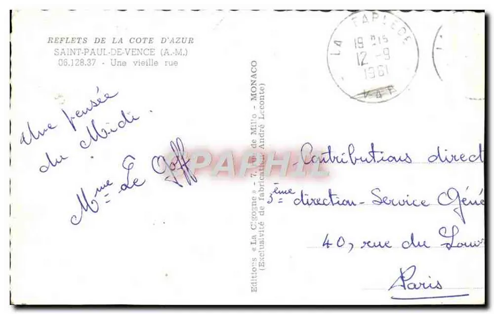 Saint-Paul-de-Vence — Une vieille rue — Éditions « La Cigogne » - Rückseite