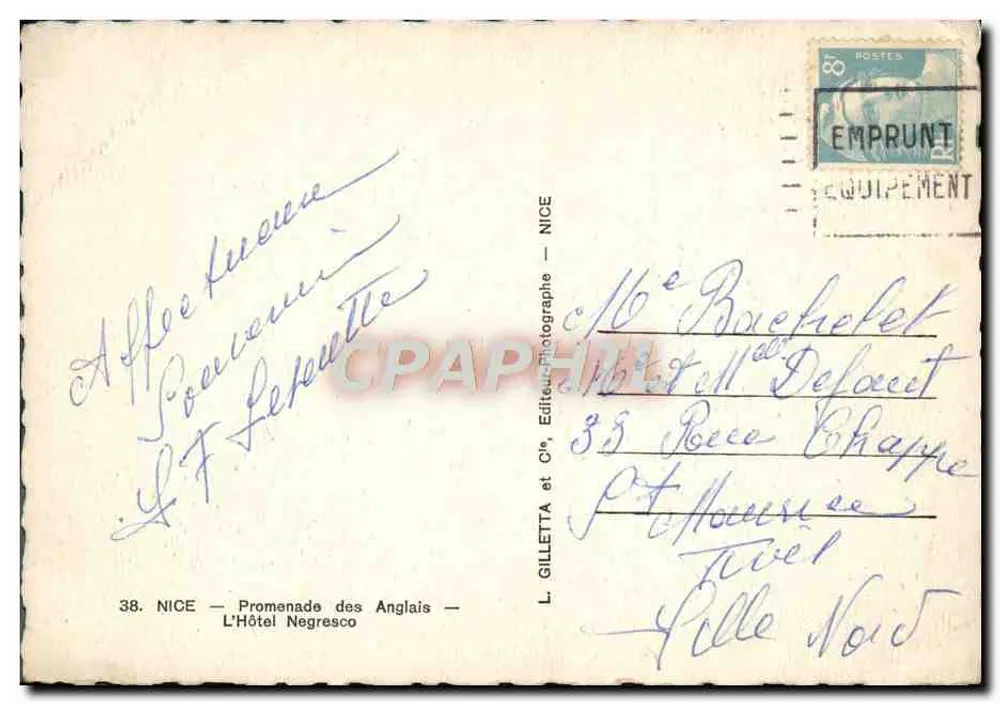 Nice - Promenade des Anglais — L'Hôtel Negresco — éditeur L. Gilletta & Cie - Verso