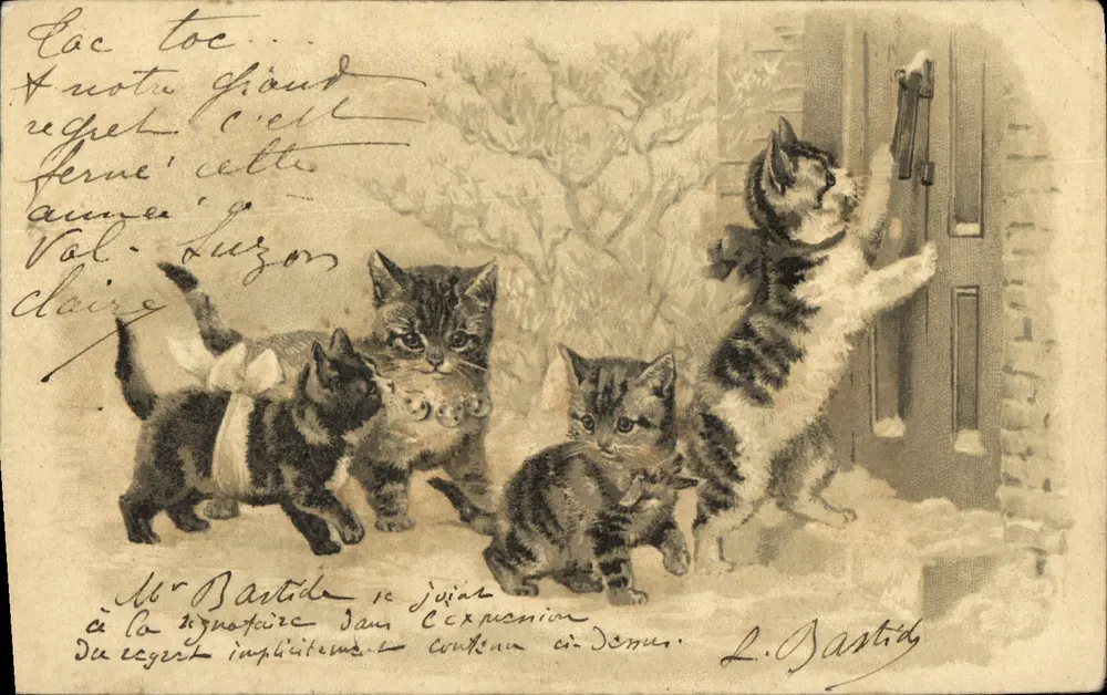Quatre chatons devant une porte — éditeur L. Bastid - Frente