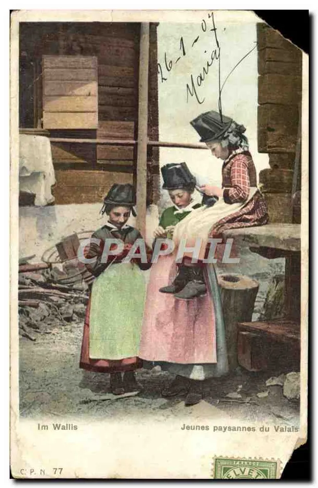 Junge Landarbeiterinnen des Wallis — Lebensszenen in traditioneller Tracht — Verlag Im Wallis, n° C.P.N 77 - Vorderseite