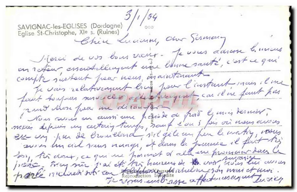 Savignac-les-Eglises — Igreja de São Cristóvão, ruínas — Bilhete postal antigo n° 000 - Verso