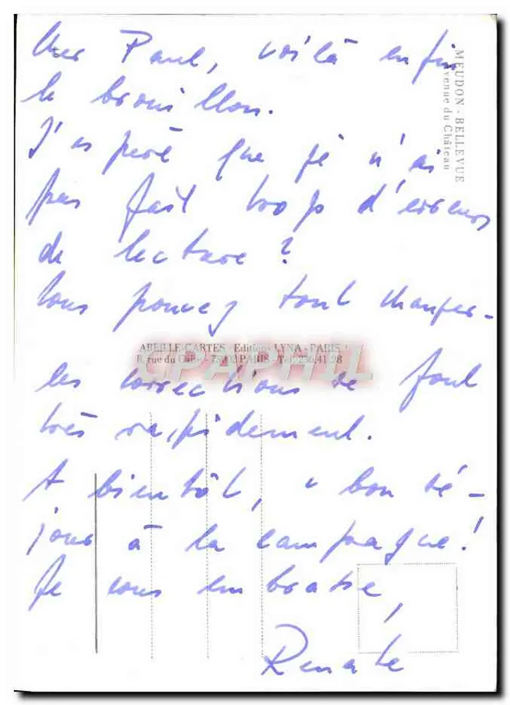 Bellevue-Meudon — Avenida do Castelo — editor A. P. L. Cartes, Paris - Verso