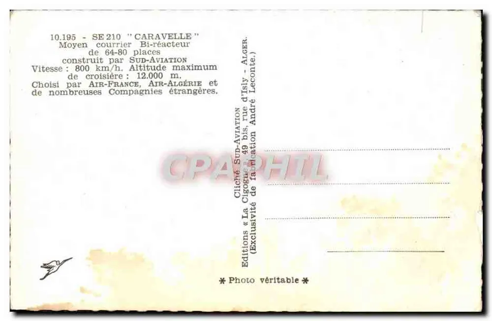 Avion SE 210 'Caravelle' — bi-réacteur moyen courrier — éditeur La Cigogne - Rückseite