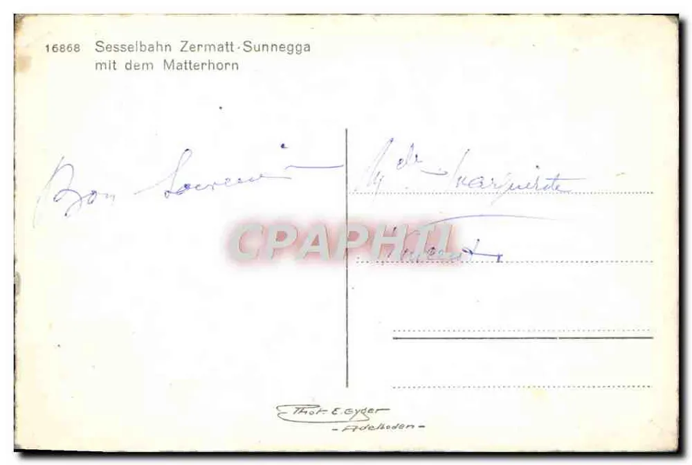 Sessellift Zermatt-Sunnegga — avec le Matterhorn — éditeur Thor-E. Gyder - Verso