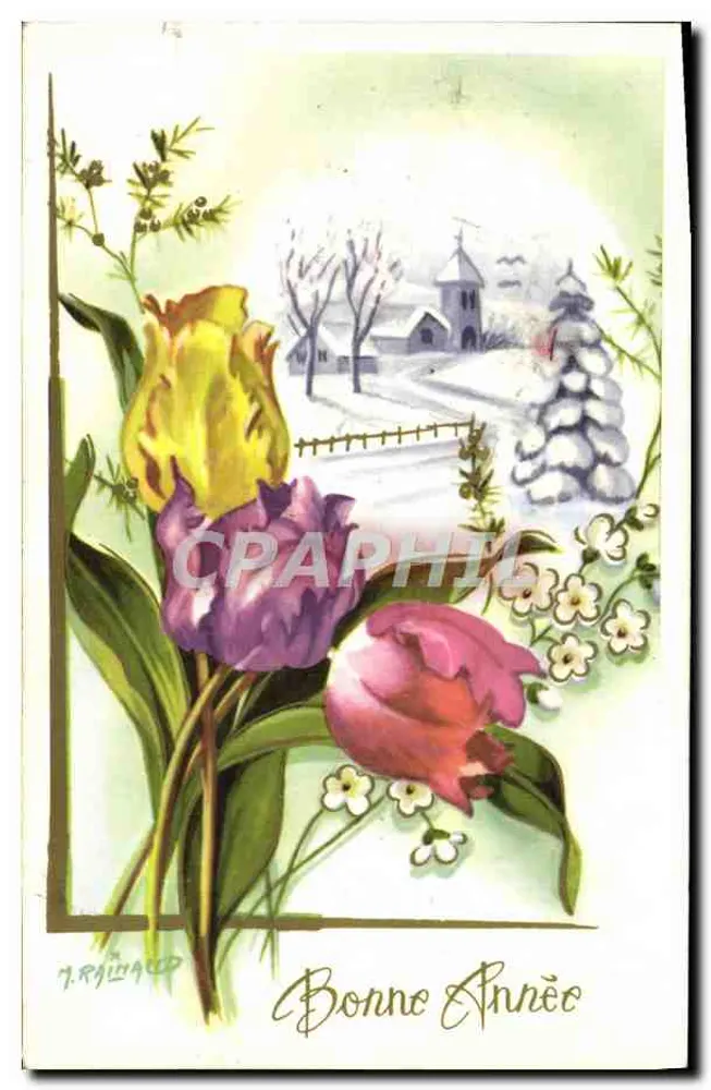 Tulipas e paisagem invernal — Boa Ano — J. Raimond - Frente