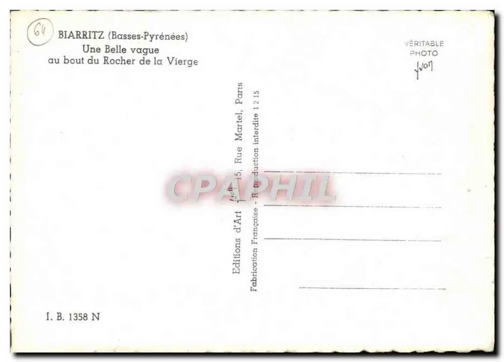 Biarritz (Basses-Pyrénées) — Eine schöne Welle am Ende des Felsens der Jungfrau — Éditions d'Art Martel, Paris - Rückseite