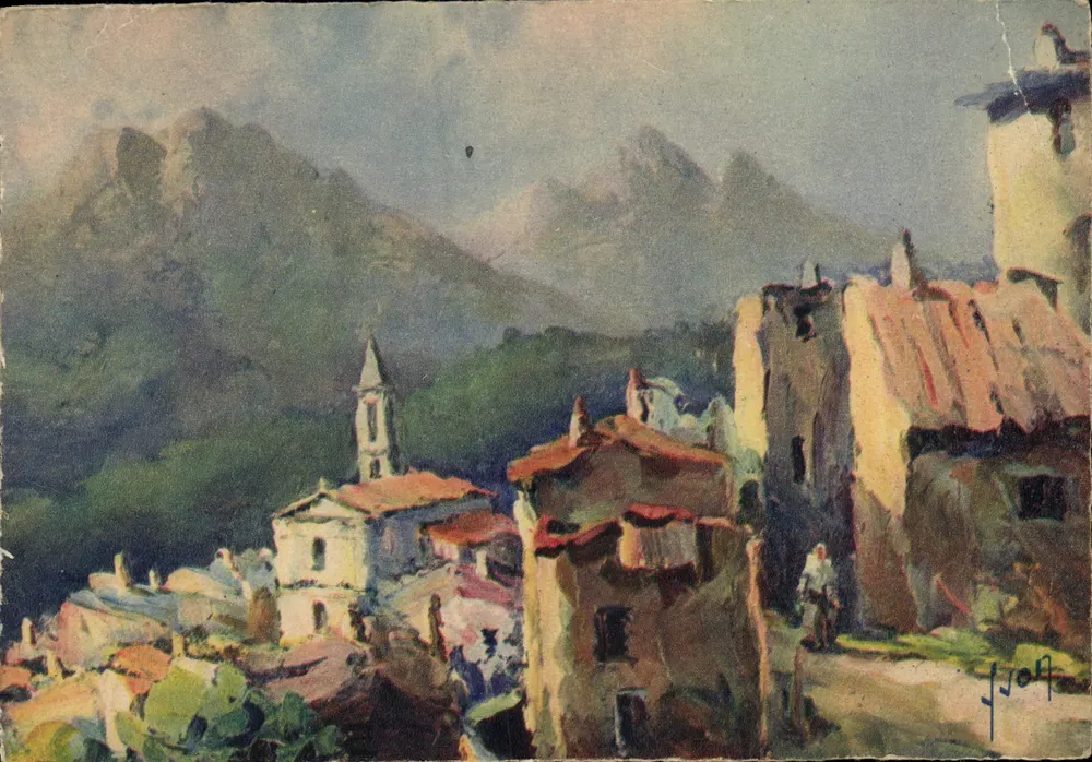 Evissa (Corse) — vue générale avec édifice religieux et montagnes — Les Éditions d'Art Yvonne, Paris - Frente