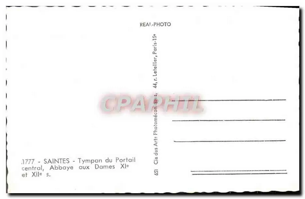 Saintes - Tímpano del Portal central, Abadía de las Damas siglos XI y XII — REA!-PHOTO, 44, rue Letellier, París - Reverso