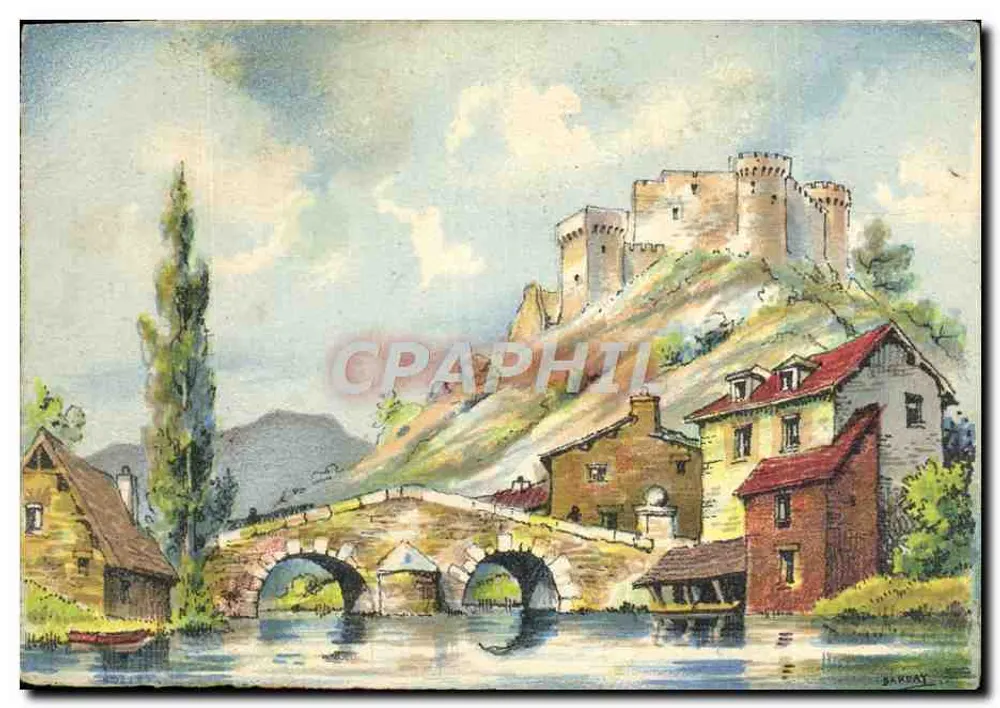 Schloss und Brücke über einen Fluss — malerische Ansicht — Verlag M. Barré & J. Uuvre, Paris - Vorderseite