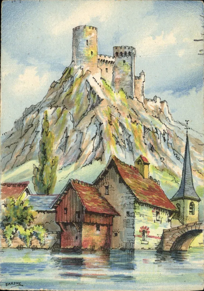 Schloss über einem Dorf am Ufer eines Sees — Zeichnung von Barpay — Verlag Nk. Bury & J. Doyez - Vorderseite