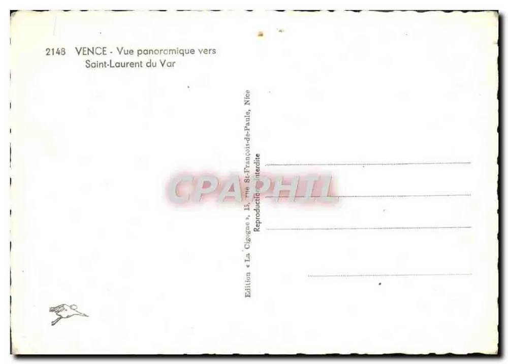 Vence — Vista panorâmica em direção a Saint-Laurent-du-Var — Edição 'La Cigogne', 15, rue St-François-de-Paul, Nice - Verso