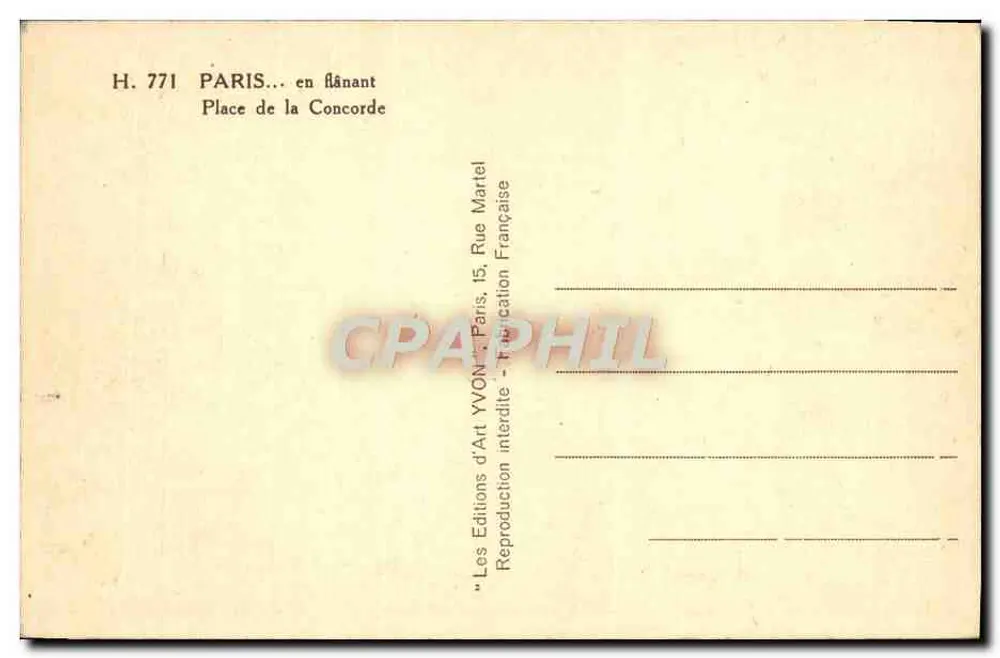 Place de la Concorde — Ansicht mit dem Obelisken und der Eiffelturm — Éditions d'Art YVON - Rückseite