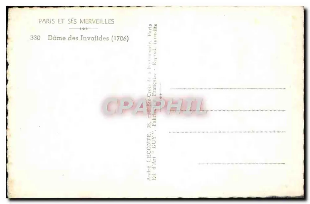 Domo de los Inválidos — París — Editor André Leconte, n° 330 - Reverso