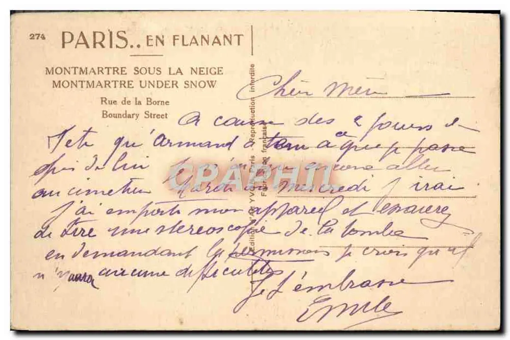 Montmartre sous la neige — vue de la Rue de la Borne avec la tour de l'église Saint-Pierre — éditeur Yvon, n° 274 - Rückseite