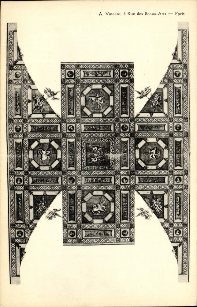 Teto decorativo — motivos geométricos e cenas mitológicas — A. Vincent, 4 Rue des Beaux-Arts — Paris - Frente
