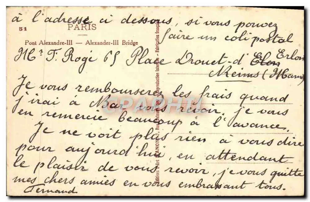 Ponte Alexandre-III — Paris — editor Manon, n°51 - Verso