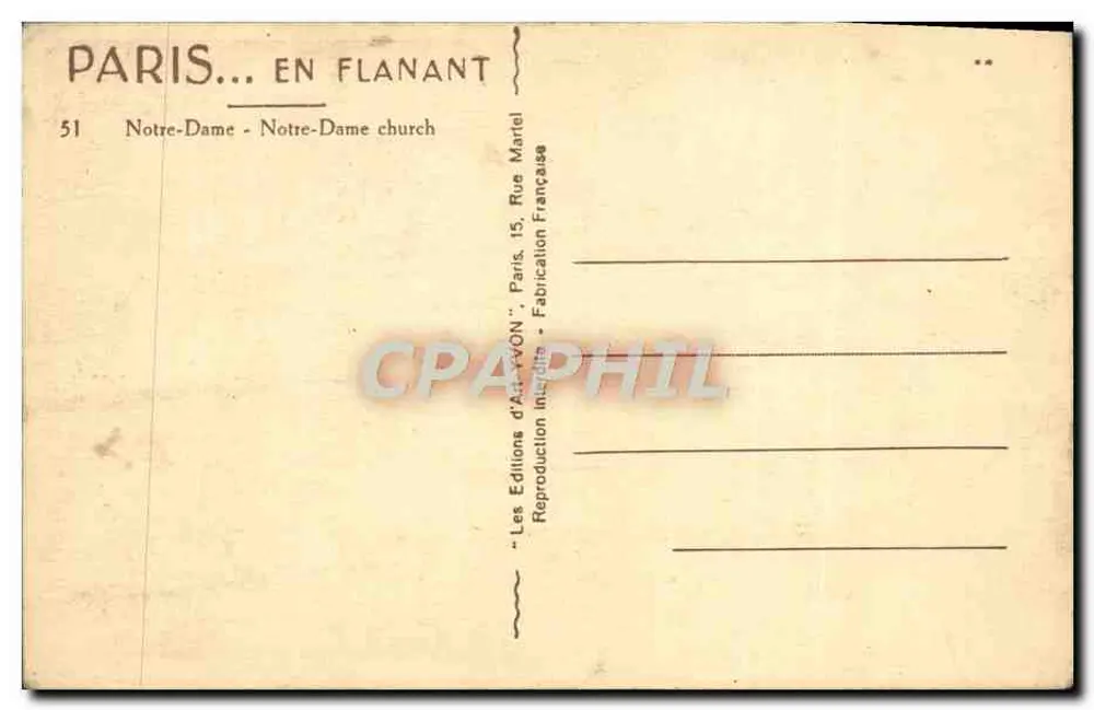 Notre-Dame de Paris — visão da fachada — Edições de Arte AVON - Verso