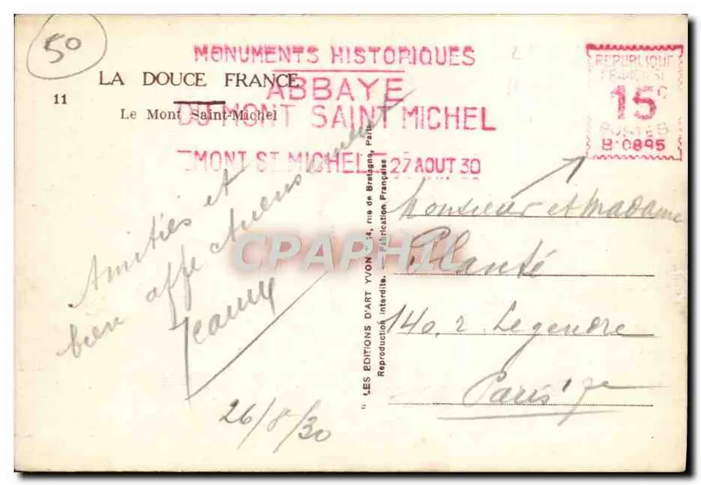 Mont Saint-Michel — Ansicht des Berges mit Schienenbahn und Fahrzeug — Yvon, n°11 - Rückseite