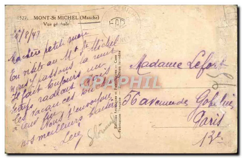 Mont-Saint-Michel — vue générale — Éditions Frabiques et Fribliques — n° 1527 - Verso
