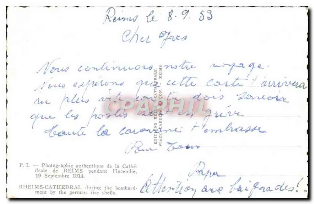 Catedral de Reims — incêndio durante os bombardeios — Edições Reims Catedral - Verso