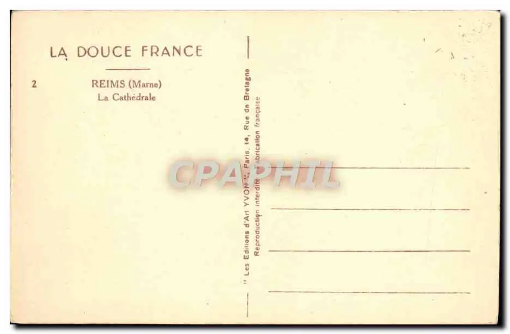 Reims — Ansicht der Kathedrale — Art Editions YVON, Paris - Rückseite