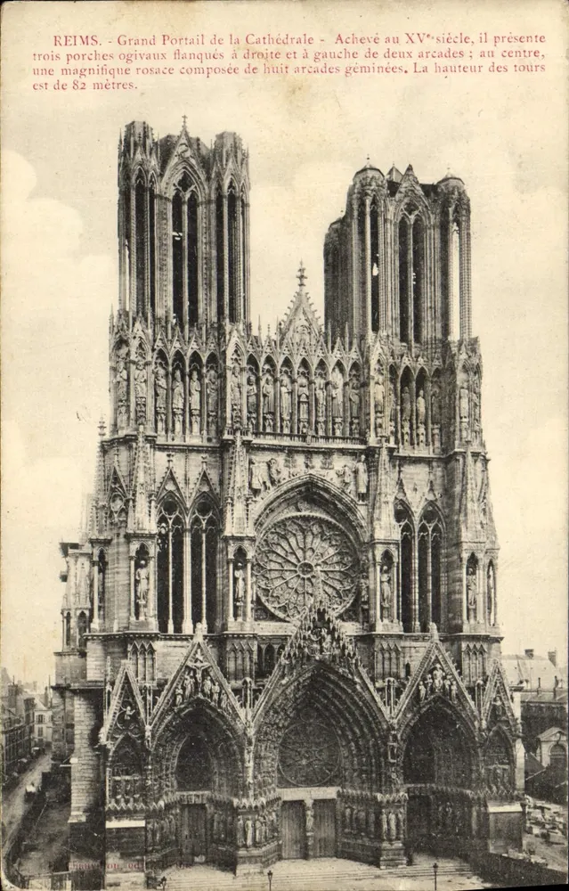Reims - Grand Portail de la Cathédrale — fertiggestellt im 15. Jahrhundert, mit Rosette und 82 Meter hohen Türmen — Verlag: Imprimerie de Reims, Nr. 16 - Vorderseite