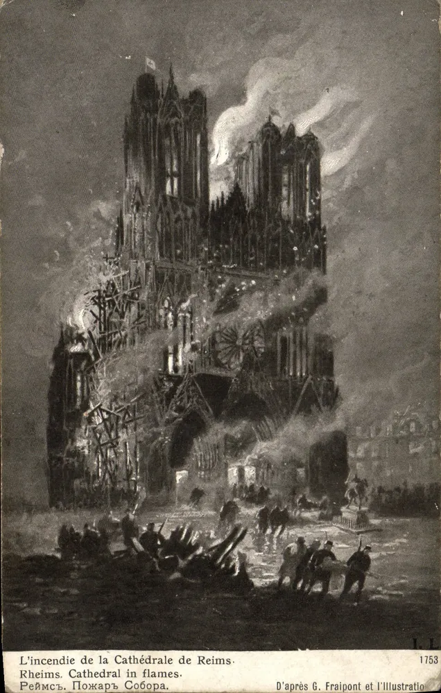 O incêndio da Catedral de Reims — D'après G. Fraipont e l'Illustration — n°1753 - Frente