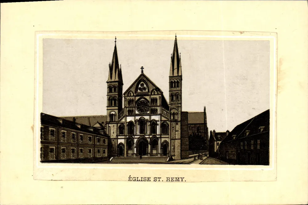 Église Saint-Rémy — façade gothique avec deux tours et rosace — éditeur non visible - Frente