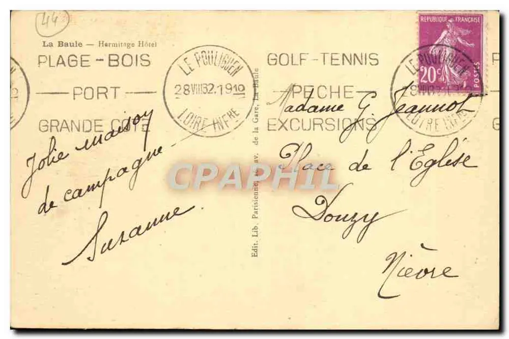 La Baule — Hotel Hermitage — Editor Lib. Parisienne - Verso