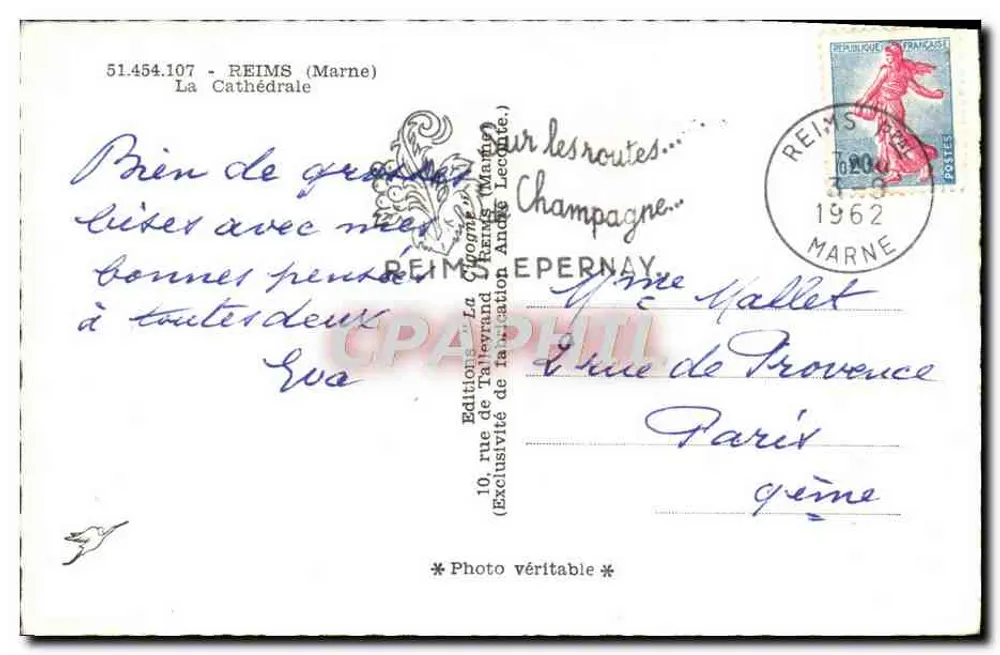 Reims - A Catedral — Éditions La Cigogne, n° 51.454.107 - Verso