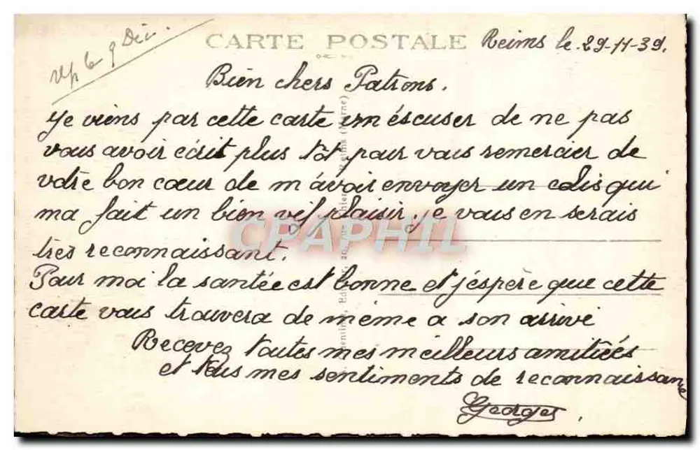 Reims (Marne) — A Catedral — Bilhete postal antigo n°190 - Verso