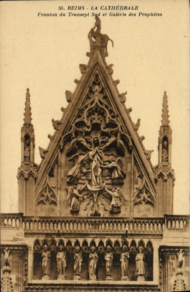 Reims - Die Kathedrale — Fronton des Südtranssept und Galerie der Propheten — Cl. Roebner, B. Chevallier, 51 Rue Babel - Vorderseite
