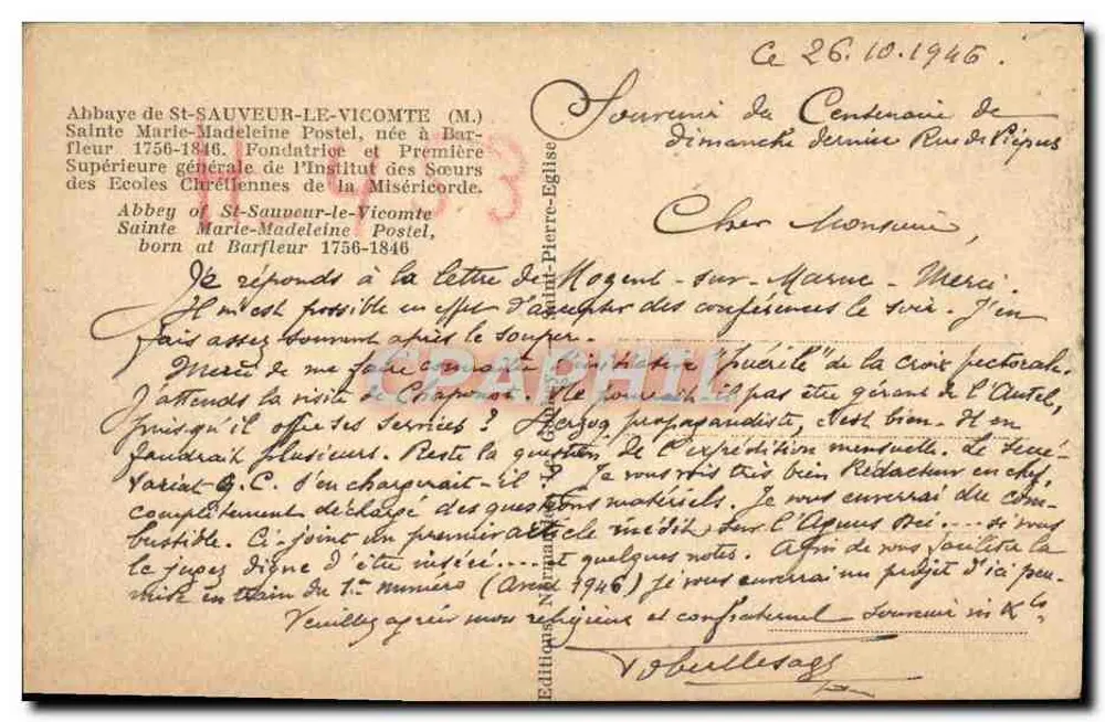Die Ehrwürdige Marie Madeleine Postel — Abtei St-Sauveur-le-Vicomte — Verlag L. Gubey, Nr. 3 - Rückseite