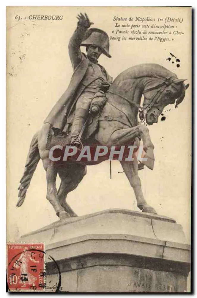Estátua de Napoleão I em Cherbourg — detalhe da estátua e inscrição — editor desconhecido, n° 63 - Frente