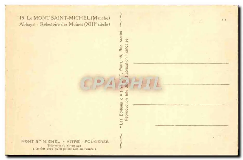 Refectory der Mönche — Mont Saint-Michel — 13. Jahrhundert — Art Marion Editions, Paris - Rückseite