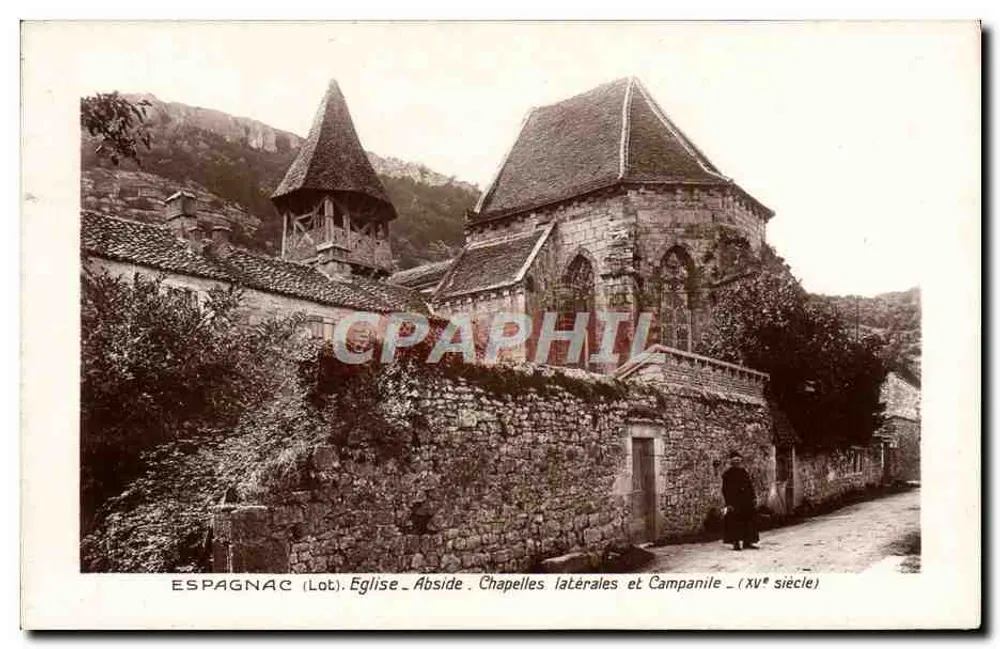 Espagnac (Lot). Kirche - Apse, Seitenkapellen und Glockenturm - (15. Jahrhundert) - Vorderseite