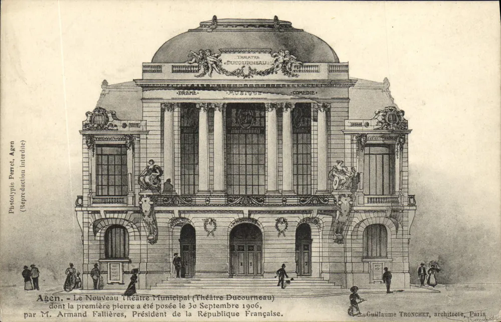 Agen - Das Neue Stadts Theater (Theater Ducourneau) — Grundsteinlegung am 30. September 1906 — Phototypie Perret, Agen - Vorderseite