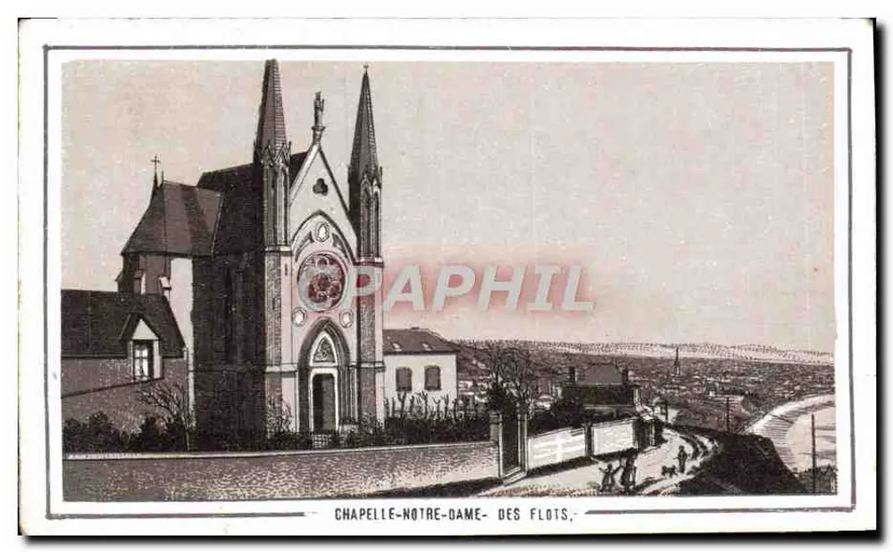 Chapelle Notre-Dame des Flots — vue de l'édifice avec clocher à deux flèches et rosace — éditeur non identifié - Recto