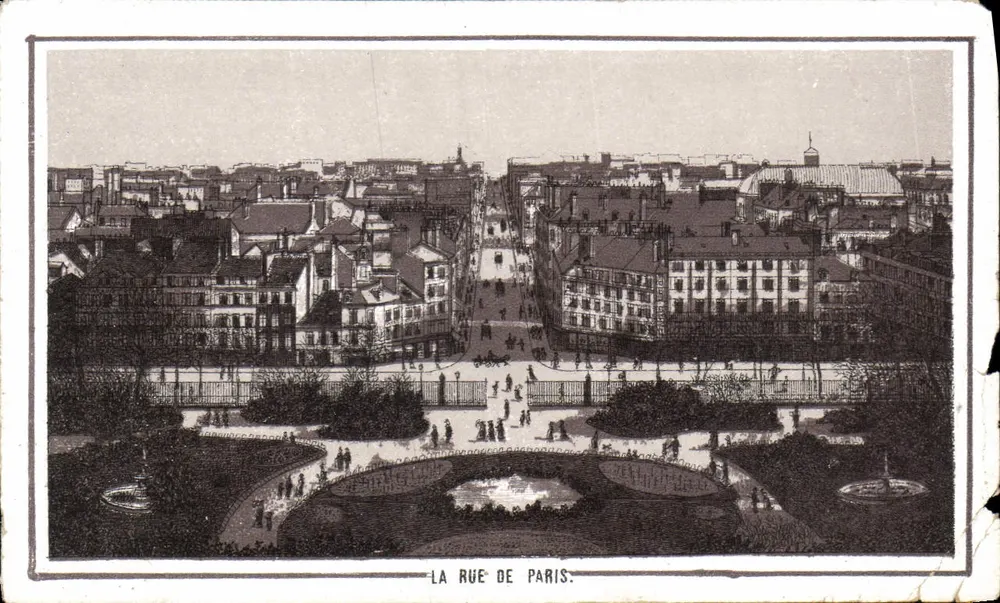La Rue de Paris — vue panoramique d'une rue animée avec jardin et fontaines — éditeur non visible - Frente