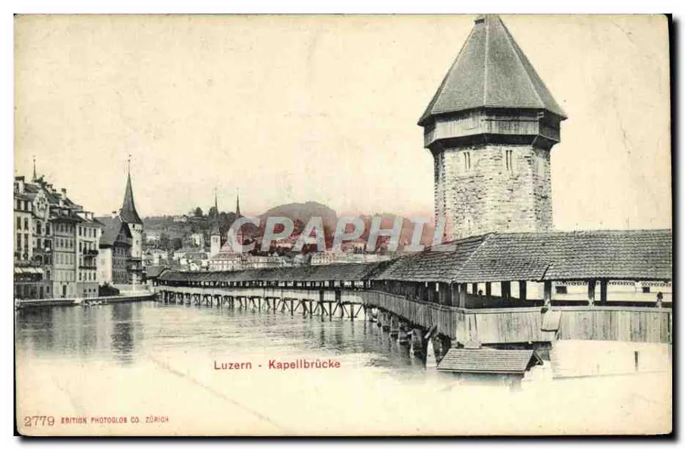 Luzern - Kapellbrücke — vue de la passerelle couverte avec son donjon, éditeur EDITION PHOTOSGLOS CO. ZÜRICH, n° 2779 - Frente